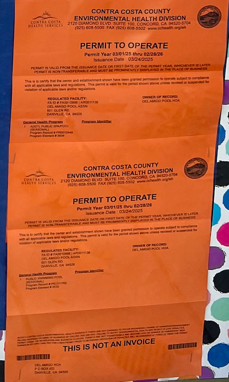 Del Amigo Pool Association Operating Permits from Contra Costa County Environmental Health Division